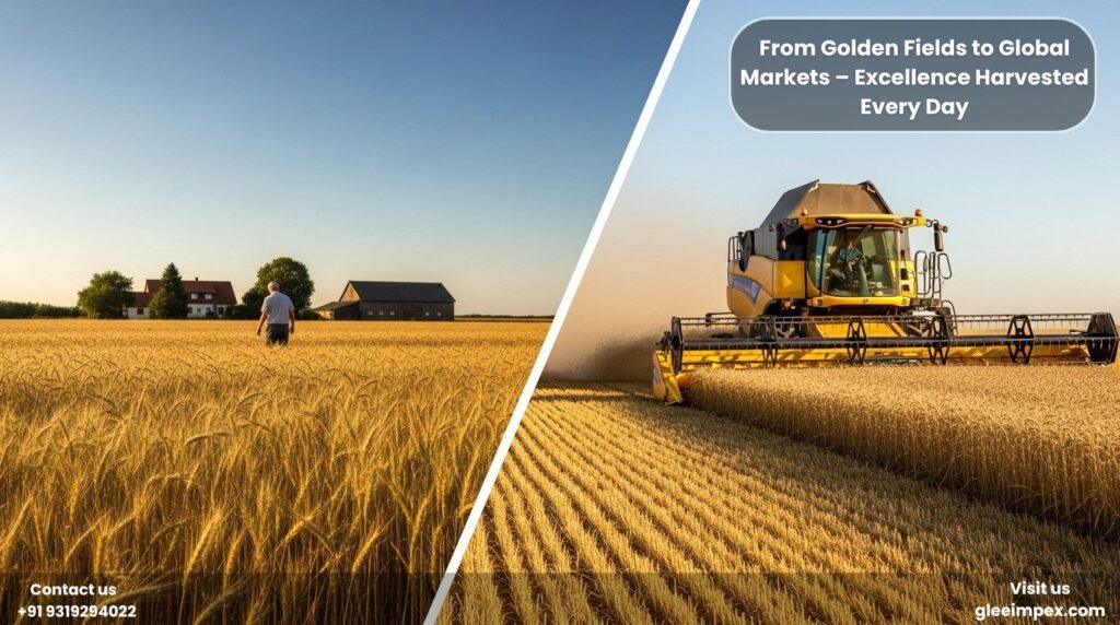 A split-screen visual showing a golden wheat field and a modern harvester, representing the farm-to-market excellence provided by a top grains exporter in India.