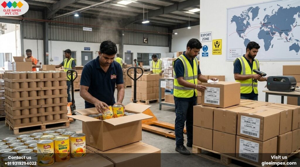 Staff at Glee Impex packing canned mango pulp into export boxes destined for Dubai and London, showcasing the efficiency of a top mango pulp exporter in India.
