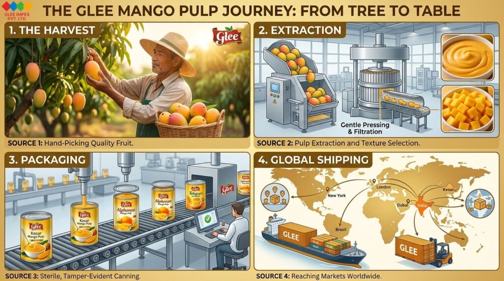 A four-step infographic titled "The Glee Mango Pulp Journey" from harvest to global shipping by Glee Impex, a reliable mango pulp exporter in India.
