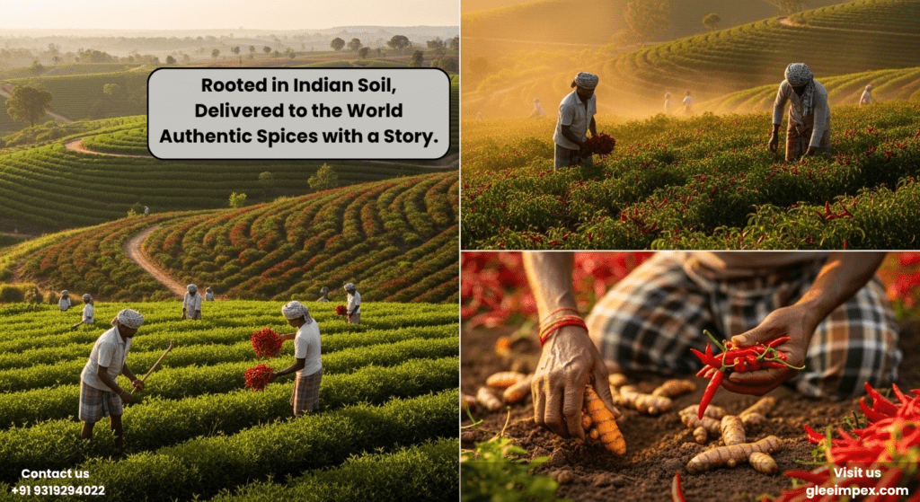 Farmers harvesting red chilies and turmeric in lush green fields, showcasing the authentic sourcing process of a trusted spices exporter in India.