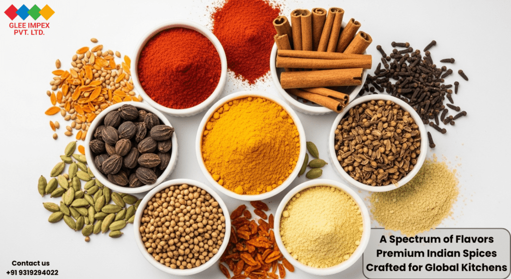An organized display of various Indian spices including turmeric, cinnamon, and cardamom, highlighting the diverse product range of a spices exporter in India.