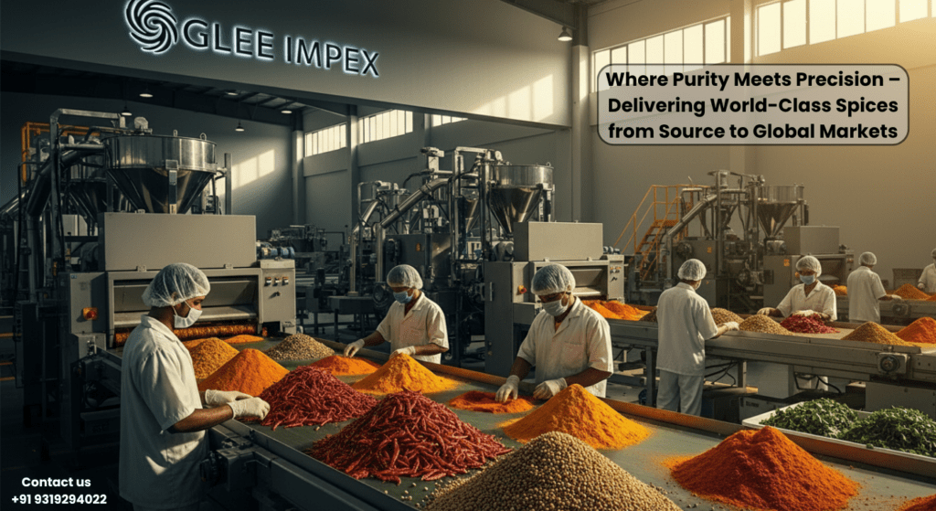 Workers in a high-tech, hygienic processing facility sorting bulk spices for international trade at Glee Impex, a top-tier spices exporter in India.