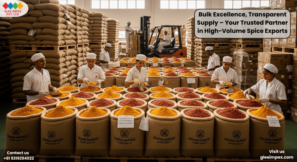 Large bags of premium ground spices prepared for bulk shipment in a clean warehouse facility operated by an experienced spices exporter in India.