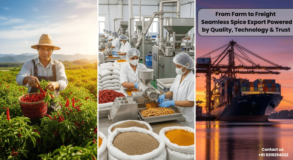 A collage showing the journey from farm harvesting and factory processing to global shipping by a professional spices exporter in India.