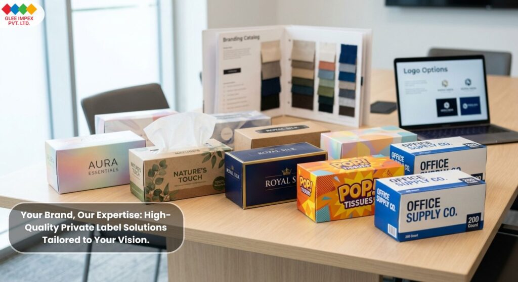 Custom packaging and logo options for private labeling services provided by Glee Impex, an expert tissue paper exporter in India.