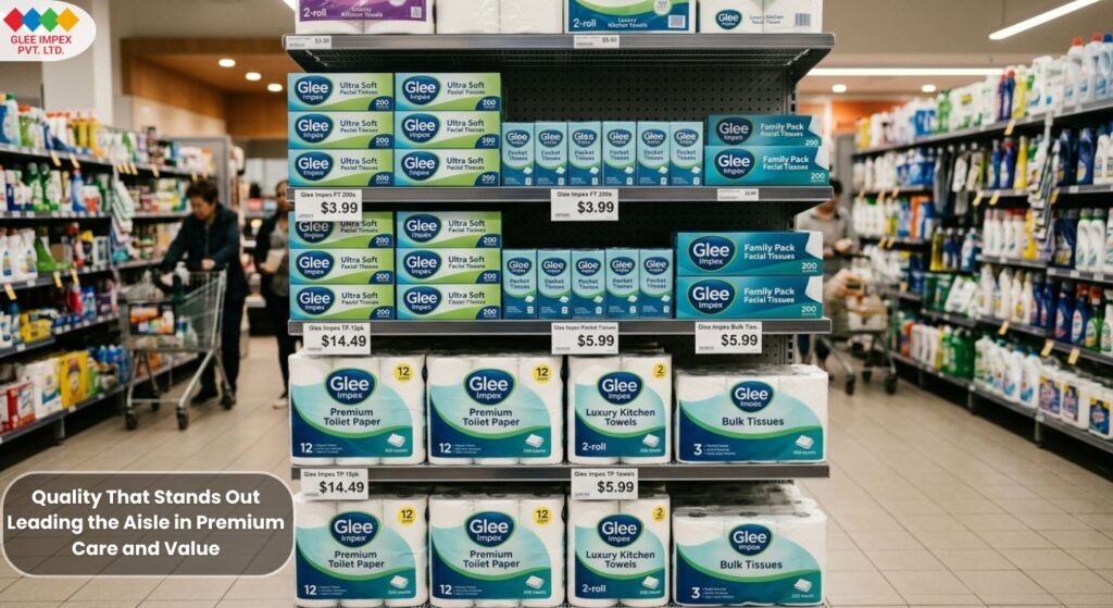 Glee Impex branded facial tissues and toilet paper rolls stocked on retail shelves, demonstrating the global market presence of this tissue paper exporter in India.