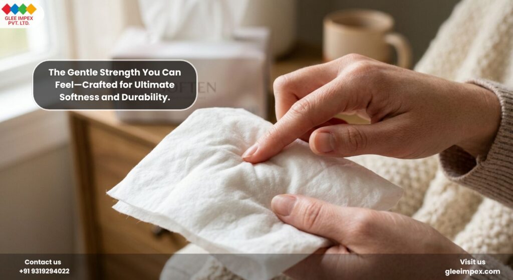 Close-up of a hand testing the softness and GSM quality of products from Glee Impex, a quality-focused tissue paper exporter in India.