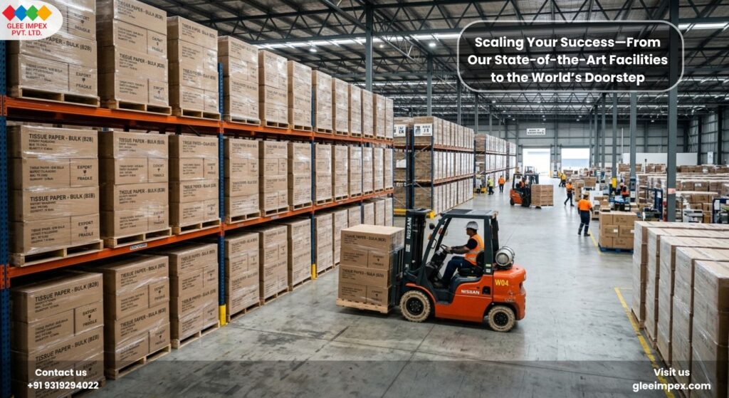 High-capacity warehouse filled with bulk pallets, showcasing the supply chain capabilities of Glee Impex as a premier tissue paper exporter in India