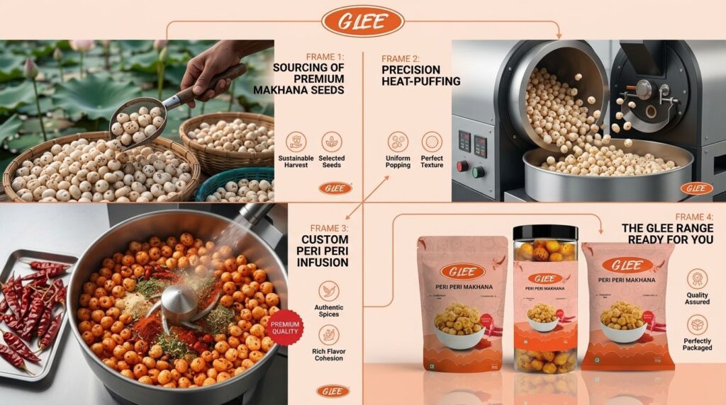 Step by step production process of fiery peri peri makhana from sourcing seeds to precision roasting