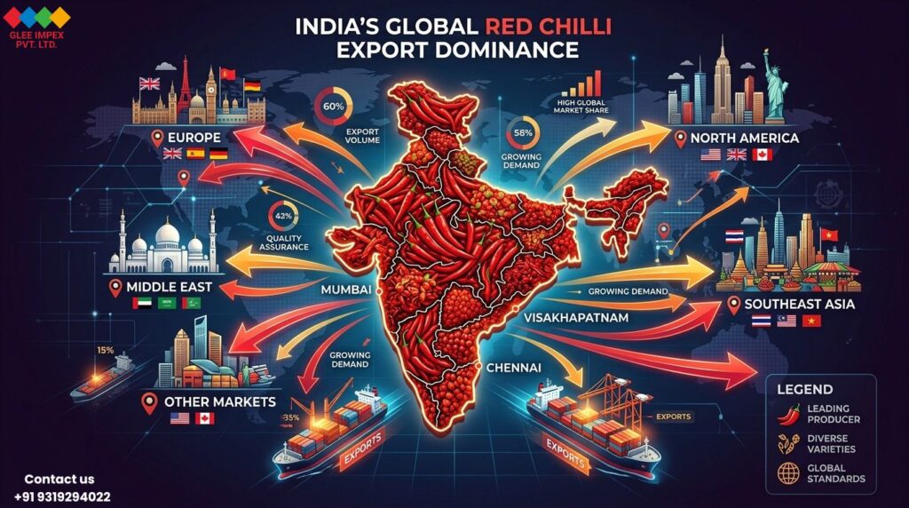 Infographic showing India's global dominance in red chilli trade by Glee Impex, leading among top chilli exporters in India.