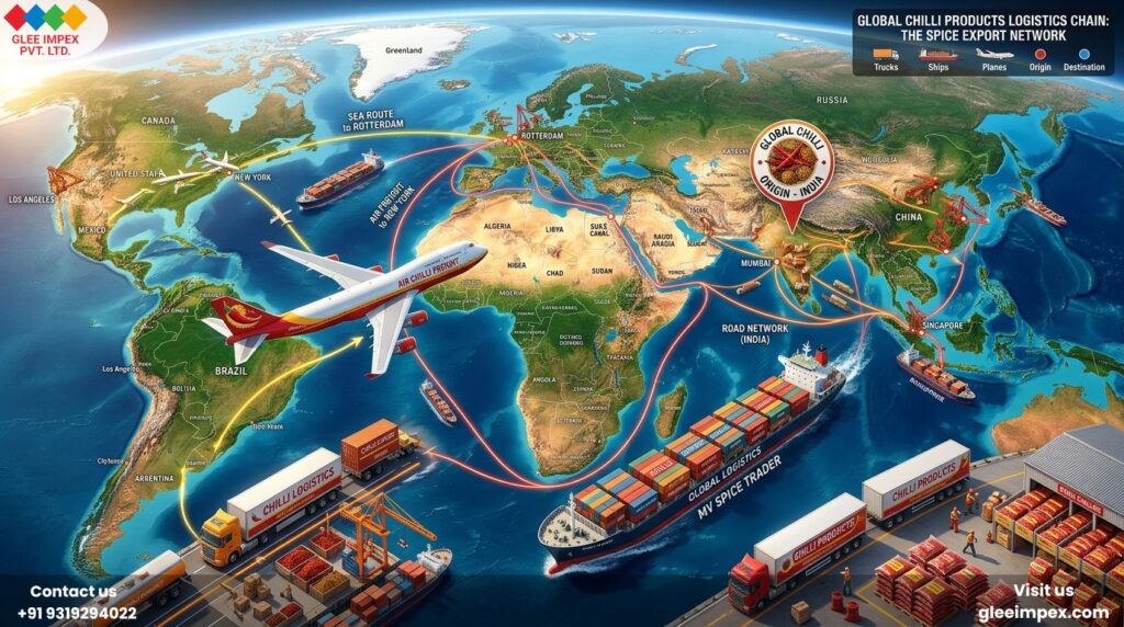 A world map illustrating the global supply chain and transport routes used by Glee Impex, one of the top chilli exporters in India.