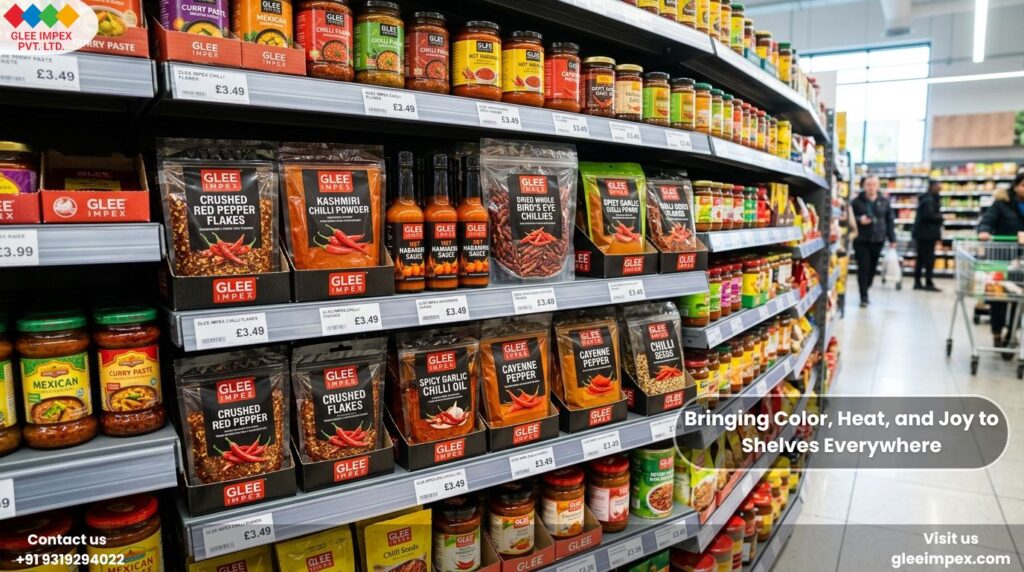 Glee Impex red chilli products, including flakes and powders, displayed on international supermarket shelves by top chilli exporters in India.
