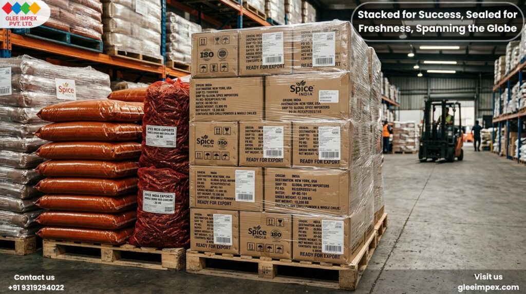 Pallets of "Spice India" boxes and sacks of dried chillies ready for shipment by top chilli exporters in India.