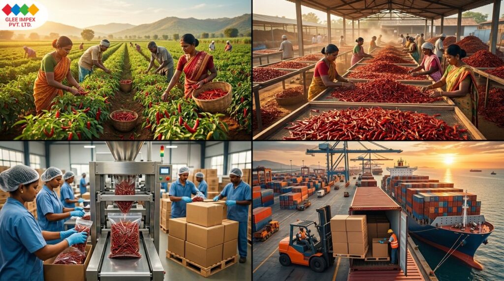 A four-part collage showing harvesting, drying, packaging, and shipping processes managed by top chilli exporters in India.