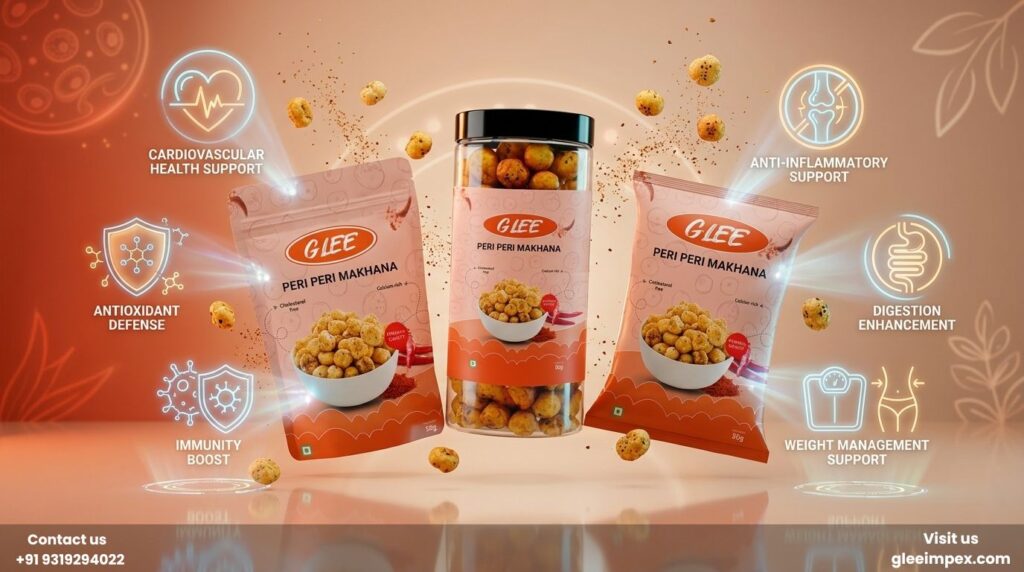 Glee Impex premium packaging highlighting health benefits of nutritious roasted healthy gluten-free snacks