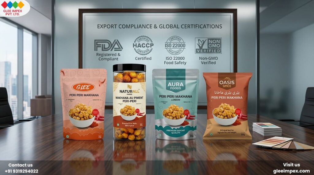 Customized packaging mockups showcasing private label peri peri makhana export compliance and brand solutions
