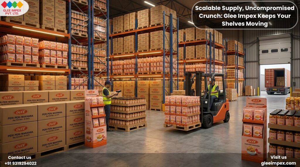 Glee Impex warehouse operations demonstrating bulk makhana exporter India capabilities with large supply orders