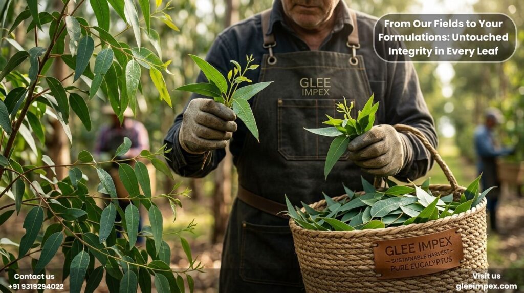 Harvesting fresh leaves for a sustainable Essential Oil Supplier.