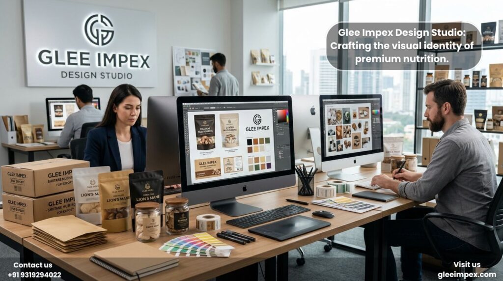 How to Choose the Right Organic Mushroom Supplier for Global Markets Modern graphic design office creating packaging for an international organic mushroom supplier.