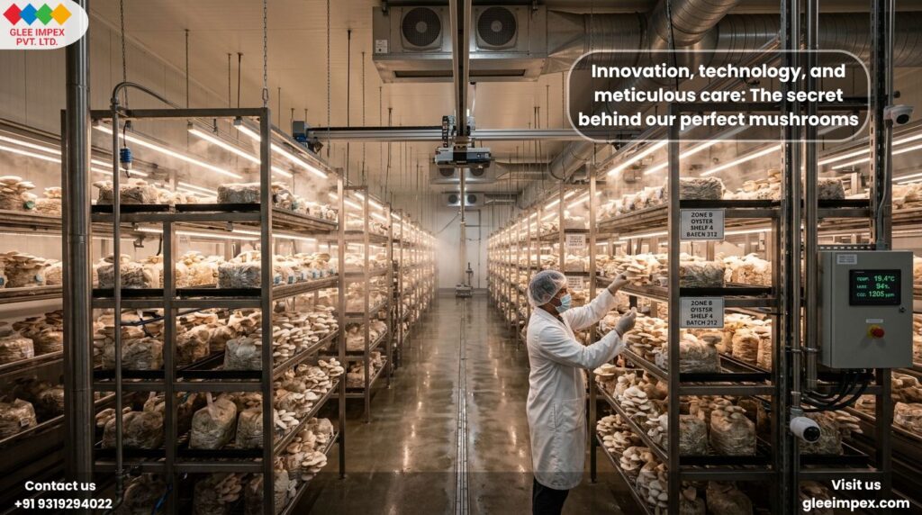 How to Choose the Right Organic Mushroom Supplier for Global Markets A technician inspecting growth racks inside a high-tech facility of an organic mushroom supplier.