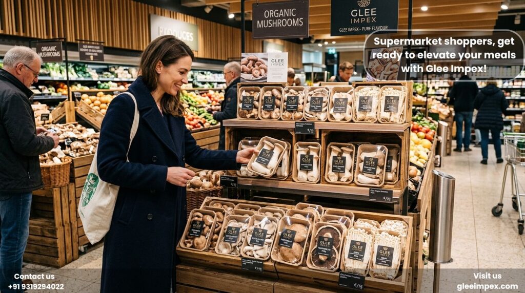 How to Choose the Right Organic Mushroom Supplier for Global Markets A customer browsing a supermarket display stocked by a global organic mushroom supplier.