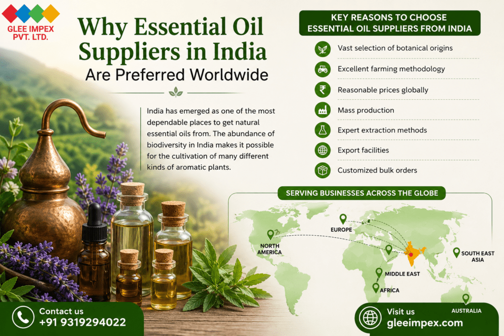 Essential Oil Suppliers in India: Why Global Buyers Trust Glee Impex for Premium Quality Essential Oils Why Essential Oil Suppliers in India Are Preferred Worldwide
