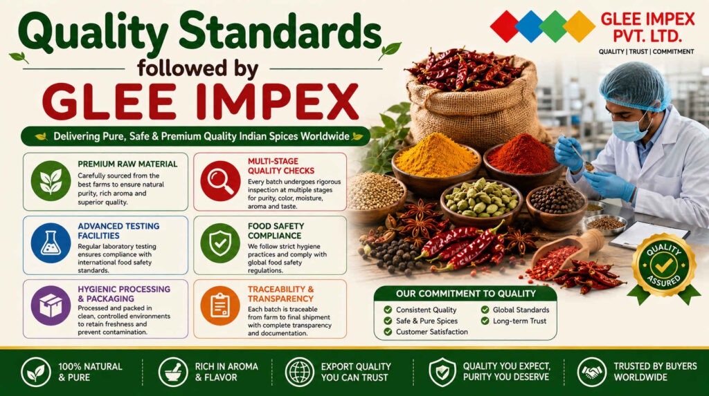 Quality Standards Followed by GLEE IMPEX – Trusted Spices Exporter in India with premium quality sourcing, strict quality control, hygienic processing, food safety compliance, and global export standards.